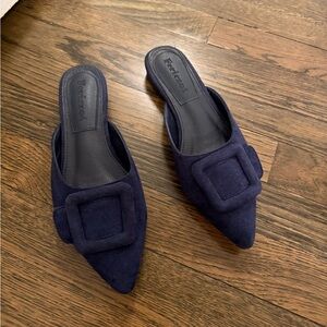 Navy Suede Pointed Buckle Mules